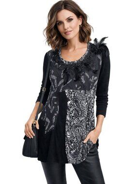 Radzoli XL Black Gray Paisley Sweater Tunic Floral Appliqué Feathers Whimsy Goth